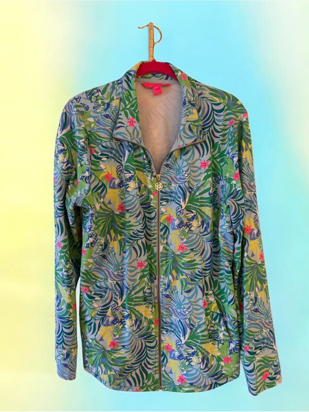Like New~ Lilly Pulitzer Blue, Green & Pink Tropical Zip Golf/Athletic Jacket ~L - Picture 2 of 2